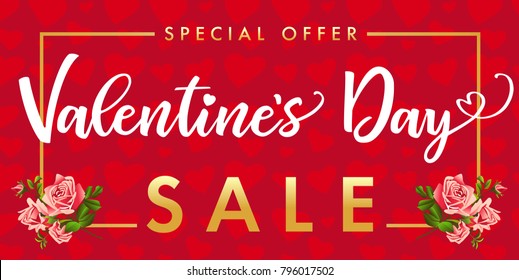 Sale banner Valentines Day, rose flower and red heart. Special offer Valentine template with text Valentine`s Day Sale on frame rose flower and red hearts background. Vector illustration