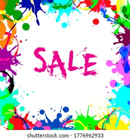 Sale banner. Vector abstract empty frame from color ink blobs. Colorful ink abstract frame background. Grunge splatters