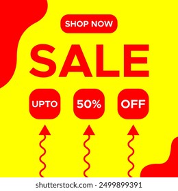 Sale banner vector background with label text sale shop now upto 50% off for shopping hot mega big discount deal offer campaign or advertisement for business marketing promotion in yellow red color 