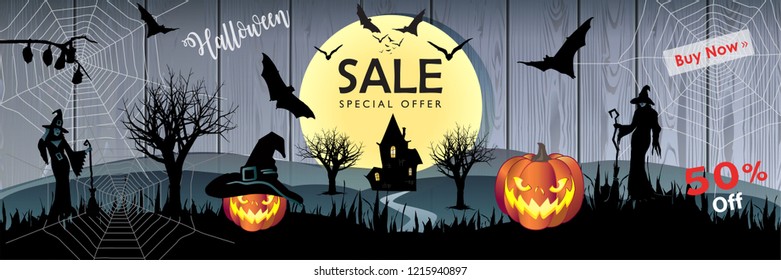 Sale banner vector Halloween Party voucher, sale discount gift card 