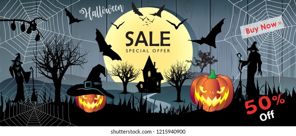 Sale banner vector Halloween Party voucher, sale discount gift card 
