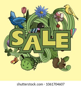 Sale banner vector illustration, doodle art design. 
All items are separated.