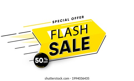 Sale banner vector illustration look like big yellow arrow with offer text sign 50 percent off isolated on white. Discount background in trendy simple modern line flat style with shadows.