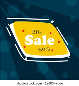 Sale banner vector isolated on blue background. Trendy banner for web site, poster template and label. Big sale text useful for ad, layout and sticker tag. Creative modern design, vector illustration