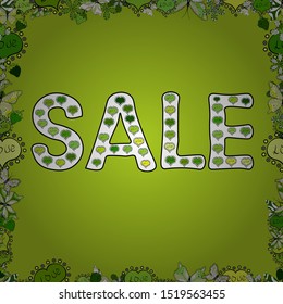 Sale banner. Vector lettering. Seamless pattern. Illustration in black, green and white colors.