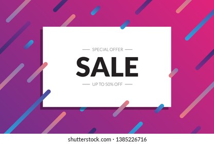 Sale banner vector template. Up to 50% off sale design in abstract flat colorful style. Discount offer. Horizontal card with saling text for banner, web, poster, ad, brochure, coupon, email