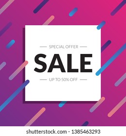 Sale banner vector template. Up to 50% off sale design in abstract flat colorful style. Discount offer. Square card with saling text for banner, web, poster, ad, brochure, coupon, email