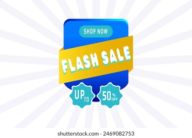 Sale banner vector template design with text flash sale shop now up to 50% off in blue yellow theme for advertisement campaign super hot big deal or mega discount offer for social media and website