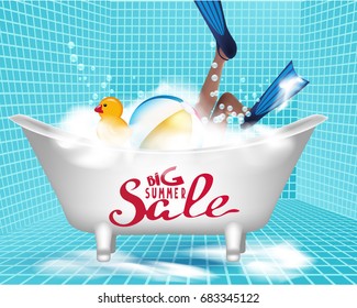 Sale banner with view of bathroom with girl in flippers inside, inflatable toys and bubbles. Vector illustration