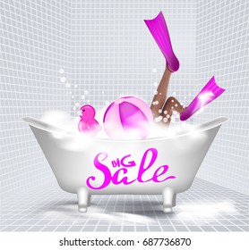 Sale banner with view of bathroom with girl in pink flippers inside, pink inflatable toys and bubbles. Vector illustration