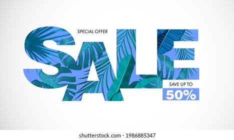 Sale banner with vivid tropical leaves and plants on white background with typography. Design template for sale. Best for posters, flyers, social media, fashion ads etc. Vector illustration.