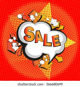 Sale banner web. Comic speech bubble on halftones background. Sale vector illustration in pop art cartoon style. Funny comics text with explosion on red background.