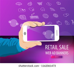 Sale banner for website with black mobile phone in hand