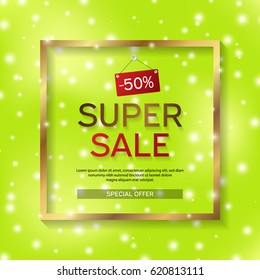 Sale banner. White frame with abstract geometric shapes around it on a green background. Spring. Vector.