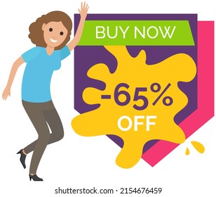 Sale banner with woman dancing near advertising poster. Shopping time promotional style. Lady rejoices in discounts and exclusive offer in store. Female character in dance to sale advertisement