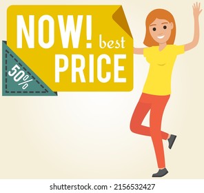 Sale banner with woman dancing near advertising poster. Shopping time promotional style. Lady rejoices in discounts and exclusive offer in store. Female character in dance to sale advertisement