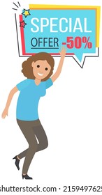 Sale banner with woman dancing near advertising poster. Shopping time promotional style. Lady rejoices in discounts and exclusive offer in store. Female character in dance to sale advertisement