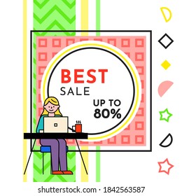 Sale banner with a woman with laptop sitting at a table near advertising poster with lettering best sale up to 80%. Smiling girl typing on keyboard, discount shopping time, new season sale poster