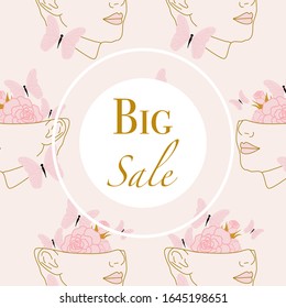 sale banner with woman and peonies, perfect to use on the web for your sales promotions