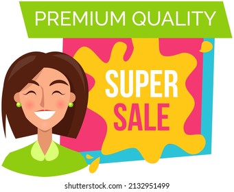 Sale banner with woman portrait near advertising poster. Shopping time promotional style. Female character rejoices in discounts and big sale in store. Positive lady with emotion of happiness, joy