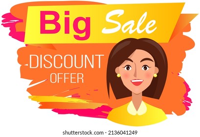 Sale banner with woman portrait near advertising poster. Shopping time promotional style. Female character rejoices in discounts and big sale in store. Positive lady with emotion of happiness, joy