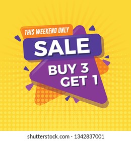 Sale banner with yellow background. Buy 3 get 1