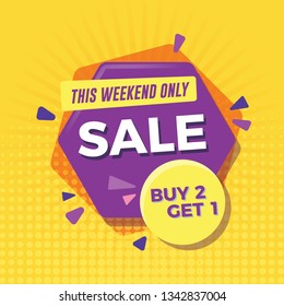 Sale banner with yellow background. Buy 2 get 1