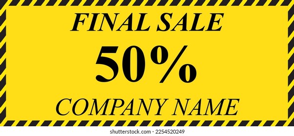 Sale banner yellow black. Box banner for social media, shop, label, title, ribbon and text design. For website, shopping poster, discount tag, sticker, template and sale. Fashion flyer 50% , banner