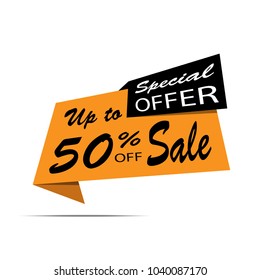 Sale banner. Yellow and black discount poster on a light background, Sale tag, label, badge. Special offer. Up to 50% off. Vector illustration, eps10