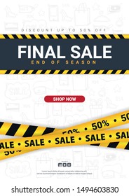 Sale banner with yellow Caution lines. Hand draw doodle icons on the background