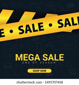 Sale banner with yellow Caution lines. Hand draw doodle icons on the background