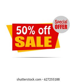 Sale banner. Yellow and red discount poster. Special offer. Sale tag, label, badge, sticker, flat style. 50% off. Vector illustration, eps10