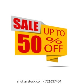 Sale banner. Yellow and red discount poster on a light background, Sale tag, label, badge. Special offer. Up to 50% off. Vector illustration, eps10