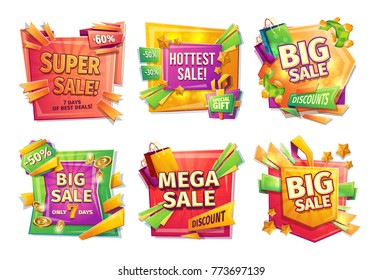 Sale banners, badges, stickers, tags for big holiday sale, black Friday, special offer, vector cartoon set. Super, hottest, big, mega sale 30 50 60 percent Template of advertising design