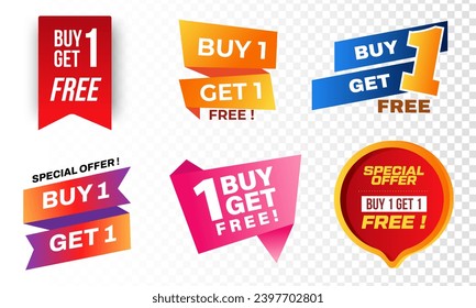 Sale banners buy 1, get 1 for free. Buy one get one Free. Sticker. Buy at half price or 50%. Free Talker.