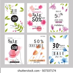 sale banners collection for social media banners, web design, shopping on-line,posters, email and newsletter designs, ads, promotional, letter, watercolor  style, vector illustration