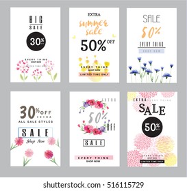 sale banners collection for social media banners, web design, shopping on-line,posters, email and newsletter designs, ads, promotional, letter, watercolor style, vector illustration