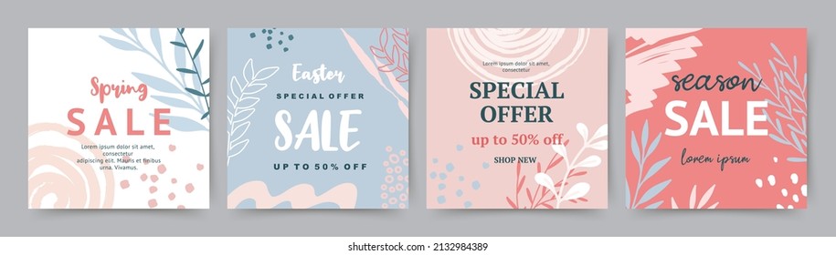 Sale banners design. Abstract blue and pink organic shapes floral backgrounds. Social media post templates. Vector illustration for web banners, mobile app, internet ads