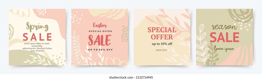 Sale banners design. Abstract green and pink organic shapes floral backgrounds. Social media post templates. Vector illustration for web banners, mobile app, internet ads