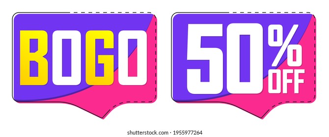 Sale banners design template, discount tags, BOGO, 50% off, vector illustration