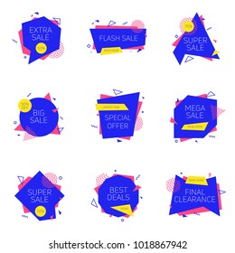 Sale banners design templates set. Flat line geometric speech bubbles special offers discounts vector illustration.