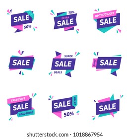 Sale banners design templates set. Flat line geometric speech bubbles special offers discounts vector illustration.