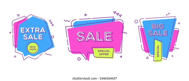 Sale banners design templates set flat outline geometric speech bubbles special offers discounts vector illustration.