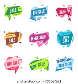 Sale banners design templates set. Flat line geometric speech bubbles special offers discounts vector illustration.