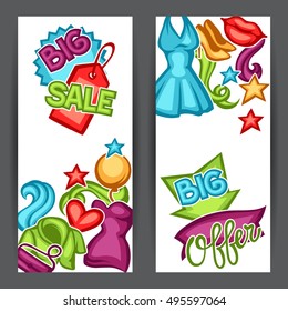 Sale banners with female clothing and accessories.