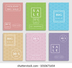 Sale banners, flyers with abstract geometric texture. Modern and vintage social media placard set for mobile website, posters, email and newsletter designs, ads, online shopping, promotional material