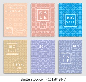 Sale banners, flyers with abstract geometric texture. Modern and vintage social media placard set for mobile website, posters, email and newsletter designs, ads, online shopping, promotional material