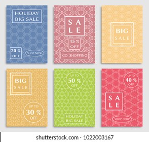 Sale banners, flyers with abstract geometric texture. Modern and vintage social media placard set for mobile website, posters, email and newsletter designs, ads, online shopping, promotional material