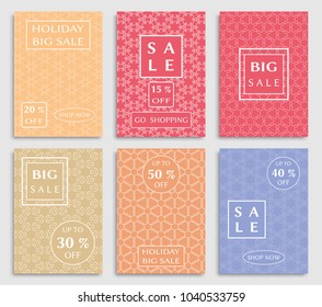 Sale banners, flyers with abstract geometric texture. Modern and vintage social media placard set for mobile website, posters, email and newsletter designs, ads, online shopping, promotional material