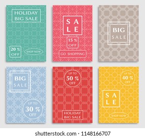 Sale banners, flyers with abstract geometric texture. Modern and vintage social media placard set for mobile website, posters, email and newsletter designs, ads, online shopping, promotional material